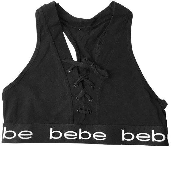 BEBE Women Black Lace-Up Logo Band Racerback Sports Bra Bralette Tank Top S - Picture 1 of 5